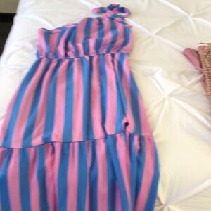 One-Shoulder Pink and Blue Striped Dress